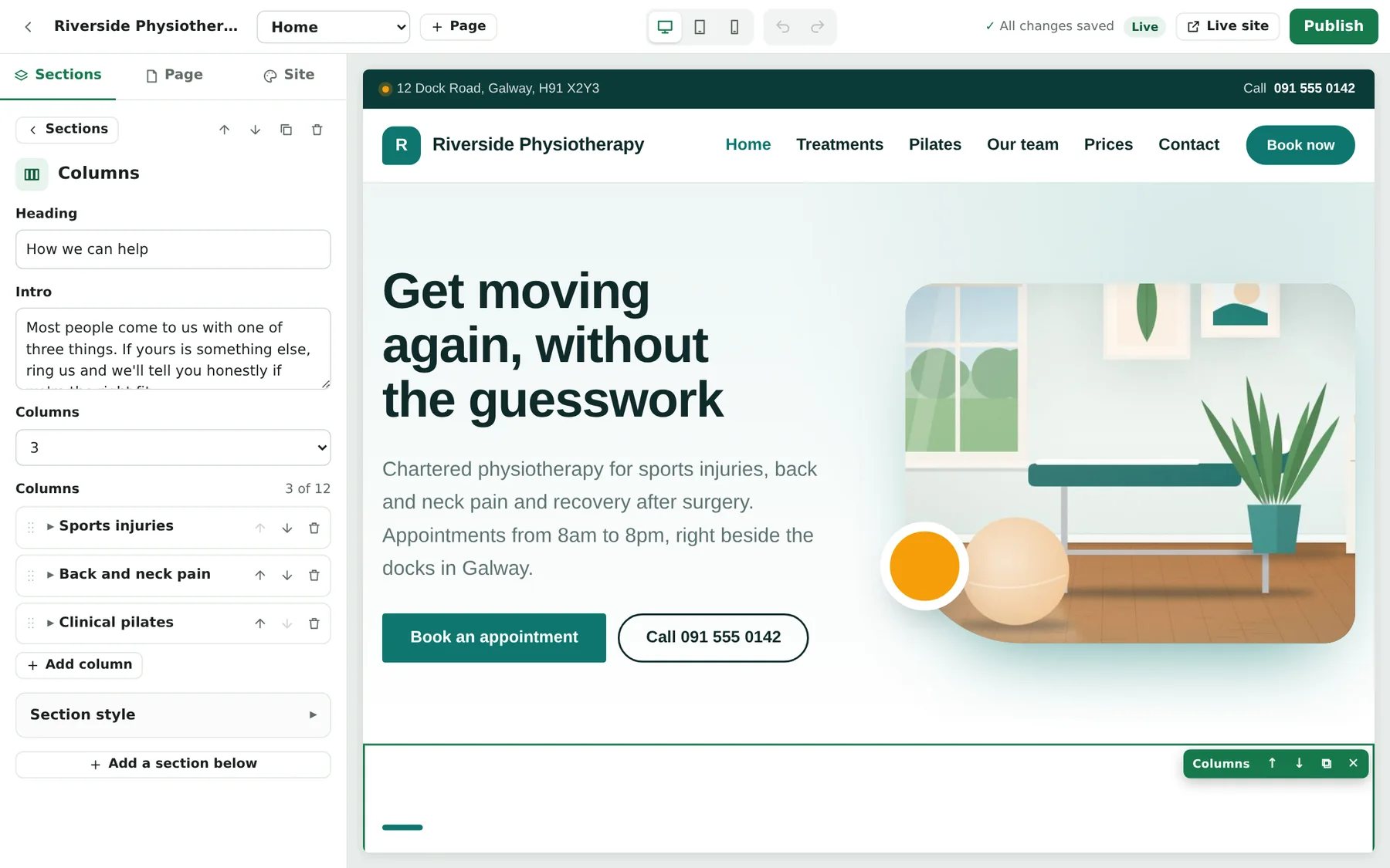 The Pagician page designer editing a physiotherapy clinic's home page, with section settings on the left