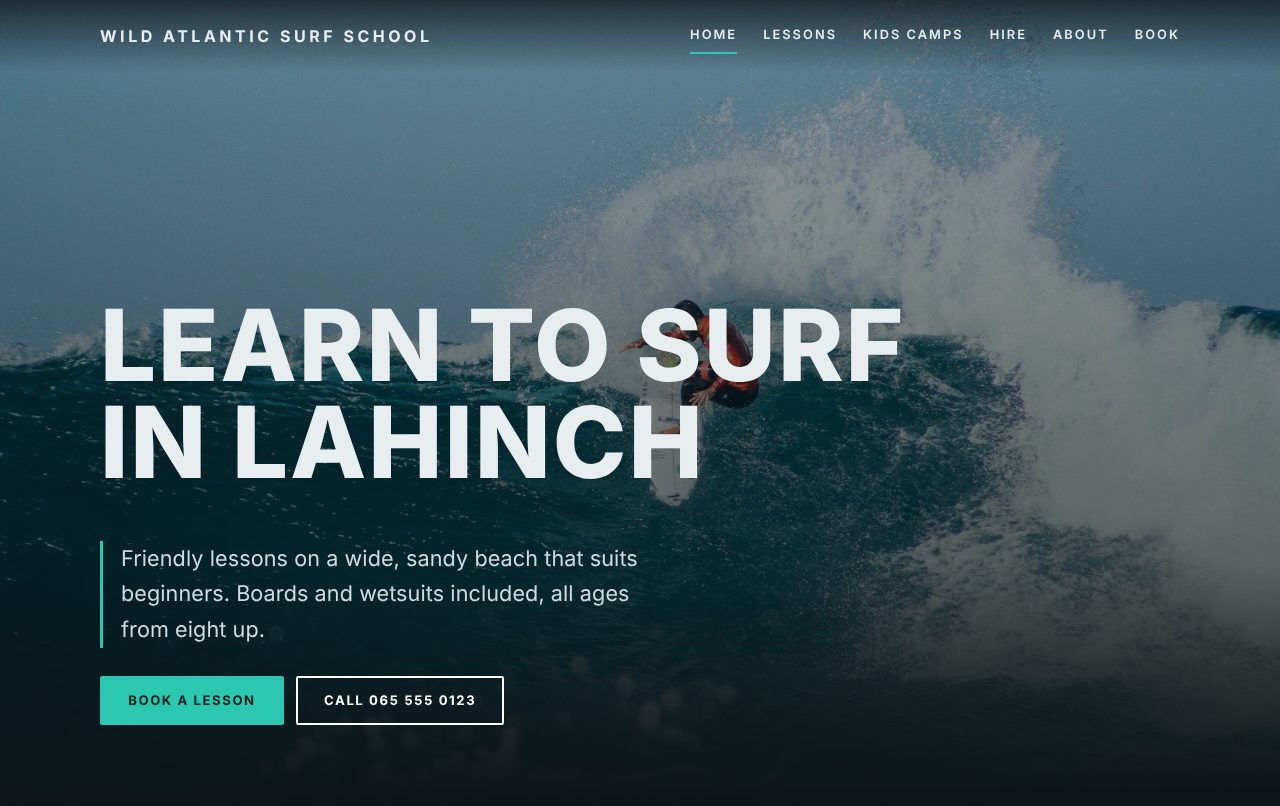 A sample home page in the Atlantic design (dark, full-screen photo)