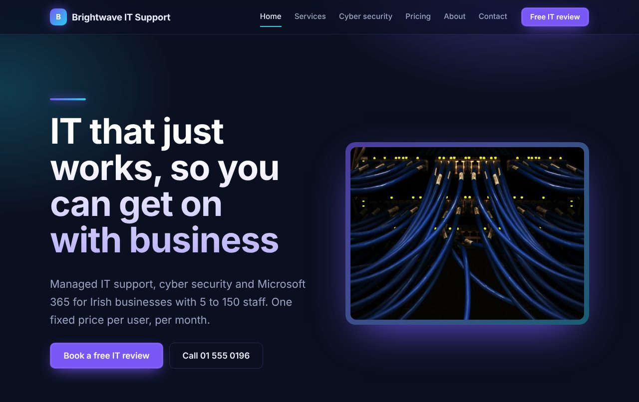 A sample home page in the Circuit design (dark, tech, glowing)