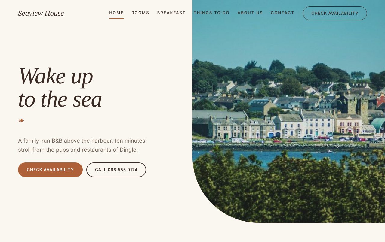 A sample home page in the Haven design (warm, boutique, split screen)