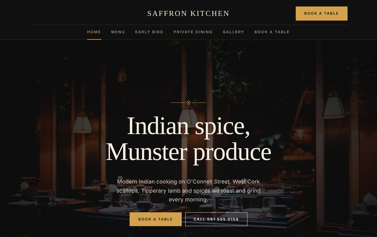 A sample home page in the Saffron design (dark, fine dining, gold)